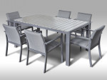 [Obrázek: Hliníkový nábytek: stůl Jersey 160cm šedý a 6 stohovatelných polstrovaných křesel Justin]