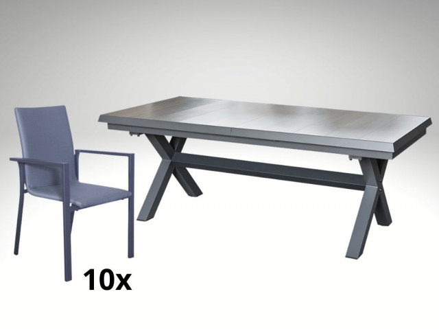 [Obrázek: Hliníkový rozkládací stůl Gerardo 205/265cm a 10 stohovatelných polstrovaných křesel Jony #1